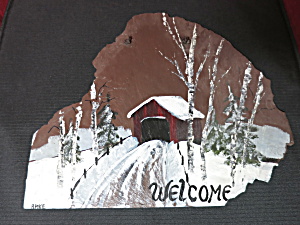 Hand Painted Slate Welcome Covered Bridge Snow Scene Vt