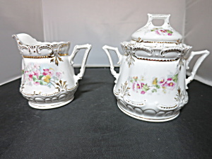 Antique Germany Floral Creamer And Sugar Bowl China Gold Trim