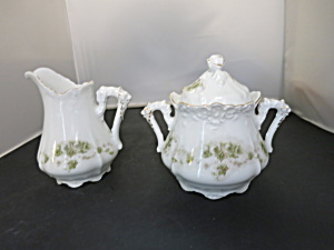 Antique Creamer And Sugar Bowl Germany Green Floral Gold Trim