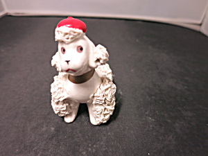 Vintage Spaghetti Poodle Figurine Sitting With A Red Hat Japan