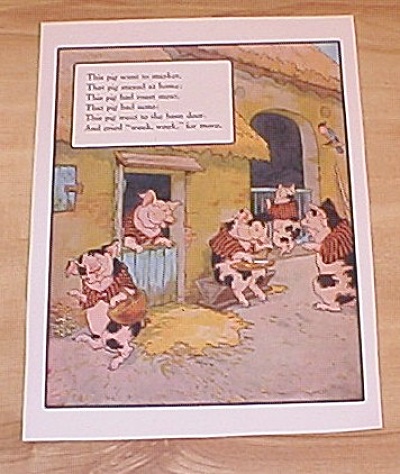 Five Pigs & Cat In Well 1915 Mother Goose Book Print Volland Edition