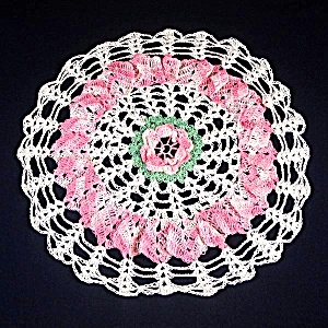 Crocheted Lacy Rose Pink And White Ruffled Doily