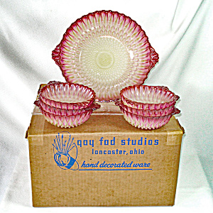 Gay Fad Pink Yellow Glass Salad Bowls Set In Original Box
