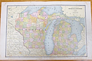 Map Michigan Wisconsin Large Fold Out Crams 1883 Illinois
