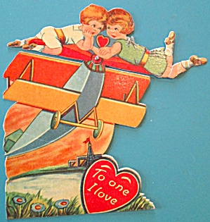 Airplane Valentines Card 1930's Mechanical Boy Girl