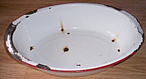 Old Enamelware White Red Oval Pan