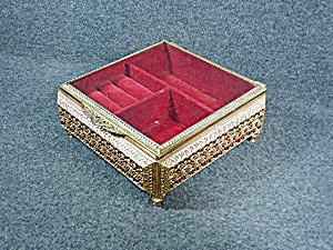 Vintage Gold Ormolu Filigree Jewelry Trinket Box Footed