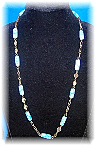 Goldtone And Blue Millafiore Glass 30 Inch Necklace