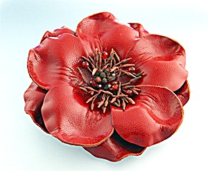 Brooch Pin Red Leather Crystal Center Flower