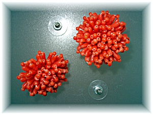 Earrings Red Coral Cluster Flowers Pierced