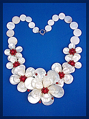 Necklace Mother Of Pearl And Coral Flowers Artist Made