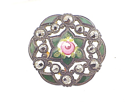 Antique Victorian Champleve Enamel Rose Cut Steel Filigree Button