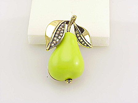 Vintage Forbidden Fruit Lucite And Rhinestone Pear Brooch