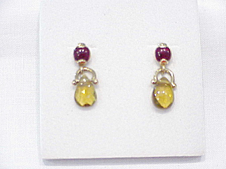 Garnet Red Rhinestone And Citrine Glass Briolette Pierced Earrings