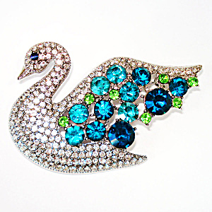 Blue And Green Rhinestone Swan Brooch Pin