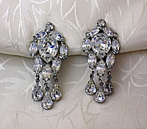 Weiss Crystal Rhodium Silver Dangle Clip Earrings
